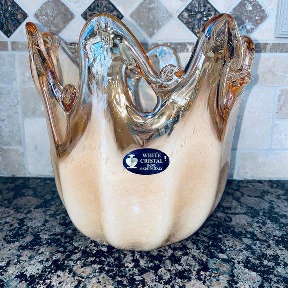 Murano Other - Murano Art Glass Iridescent Peach Ruffle Handkerchief Vase 8.50" H Made in Italy